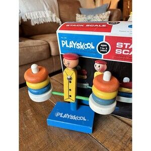 Vintage Playskool Stack Scale COMPLETE w Original box Wooden Retro Toy VERY RARE